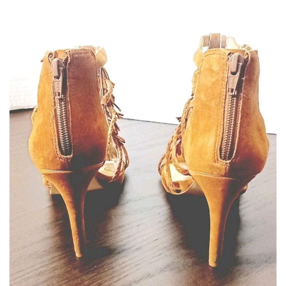 Antonio Melani Boho Suede Farris Fringed Heels Womens 10 M Chestnut